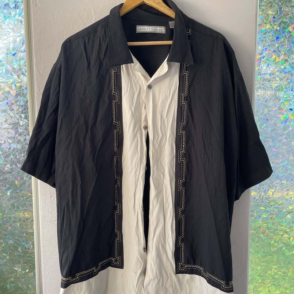 Monte Carlo Black & White Contrast Embroidered Button-Up Shirt Men's XL